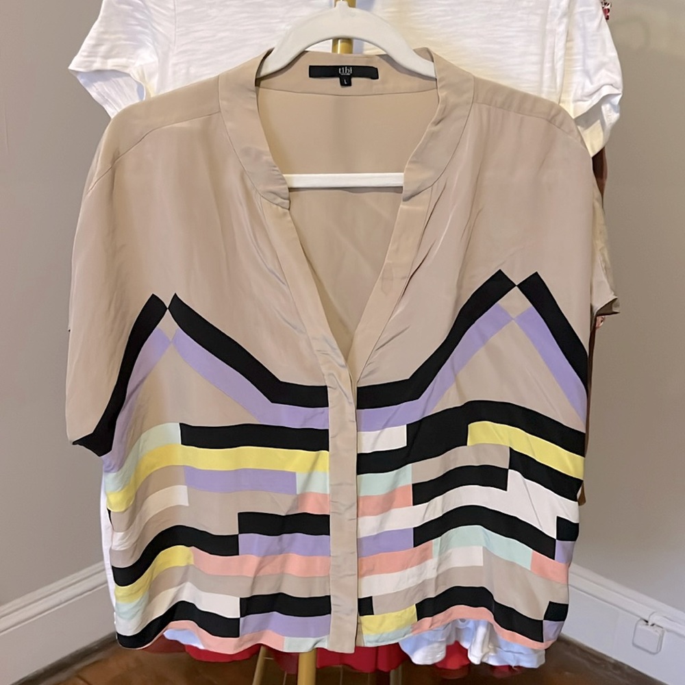 TIBI 100% Silk, Boxy Short-Sleeve Top Sz L